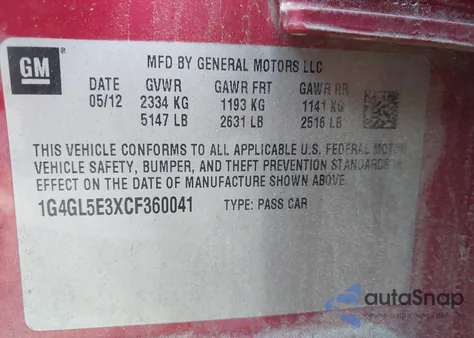 2012 Buick Lacrosse Leather Group z USA, uszkodzony, nr VIN 1G4GL5E3XCF360041